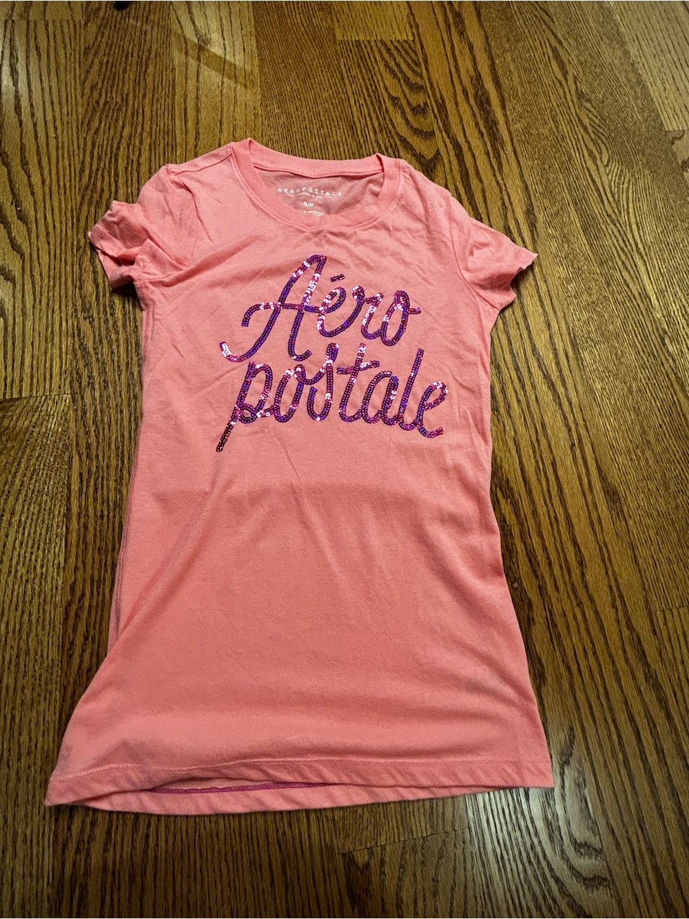 Aeropostale women youth size S Pink Sequin Script Logo Tee